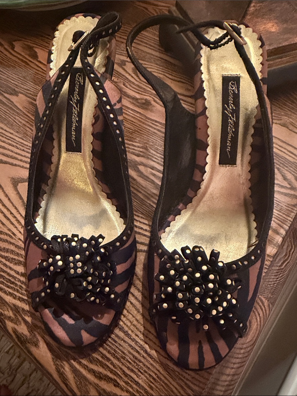 Beverly Feldman Black and Brown Zebra Print Slingback Heels with Studded Flower